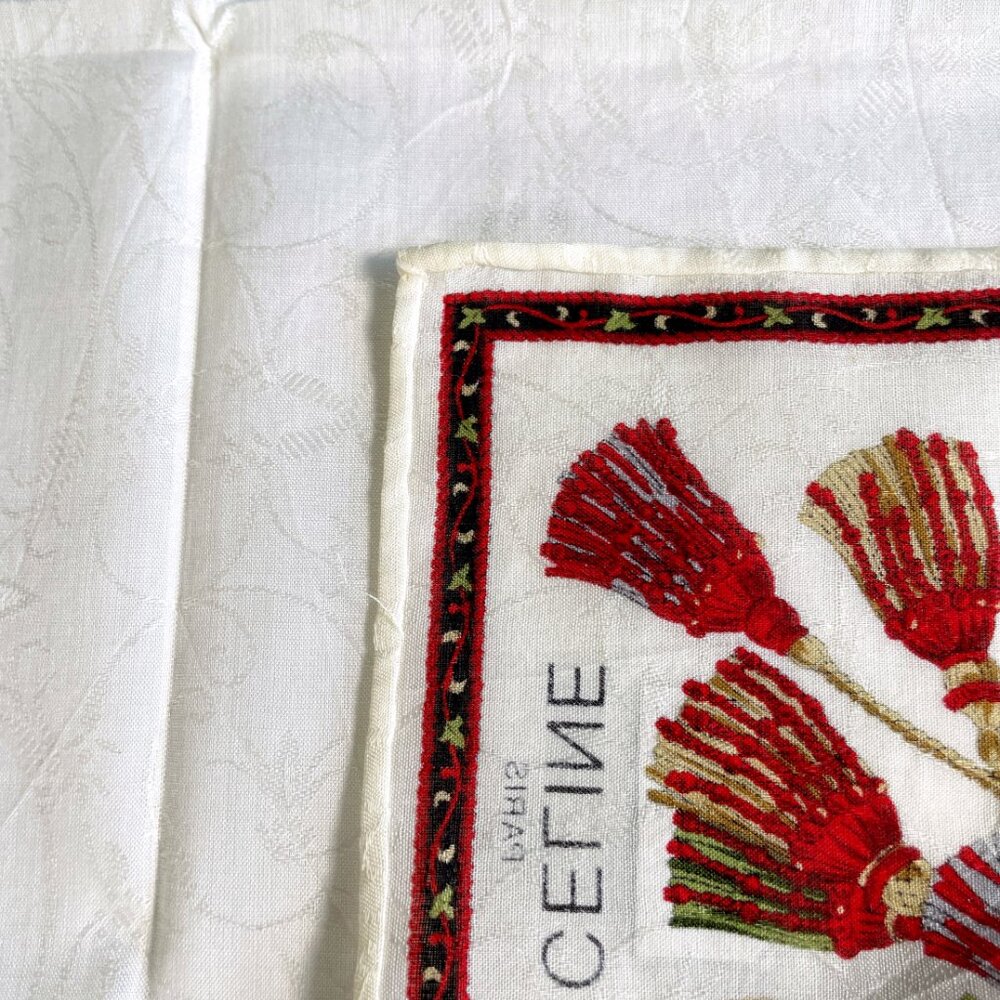 CELINE Paris Vintage Cotton Scarf Heraldic Crest Tassel Equestrian 20” Square - Picture 13 of 14